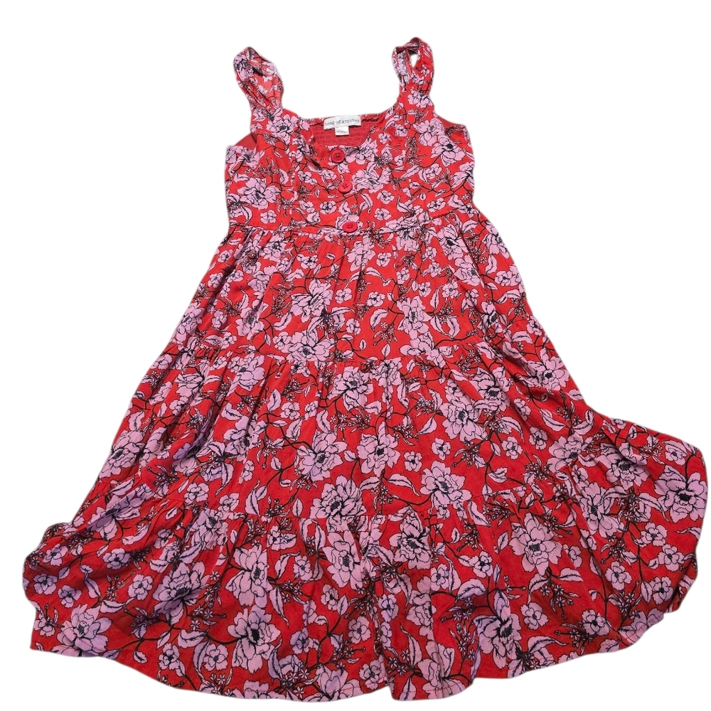 Floral Red Midi Dress with Pink Blossom Print